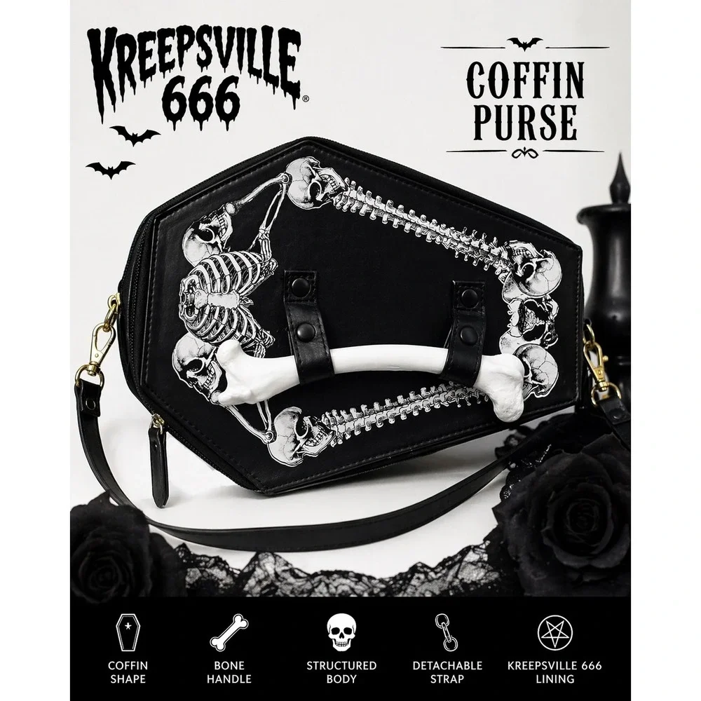 Kreepsville 666 Coffin Purse Skeleton Goth Bone Handle Crossbody Bag